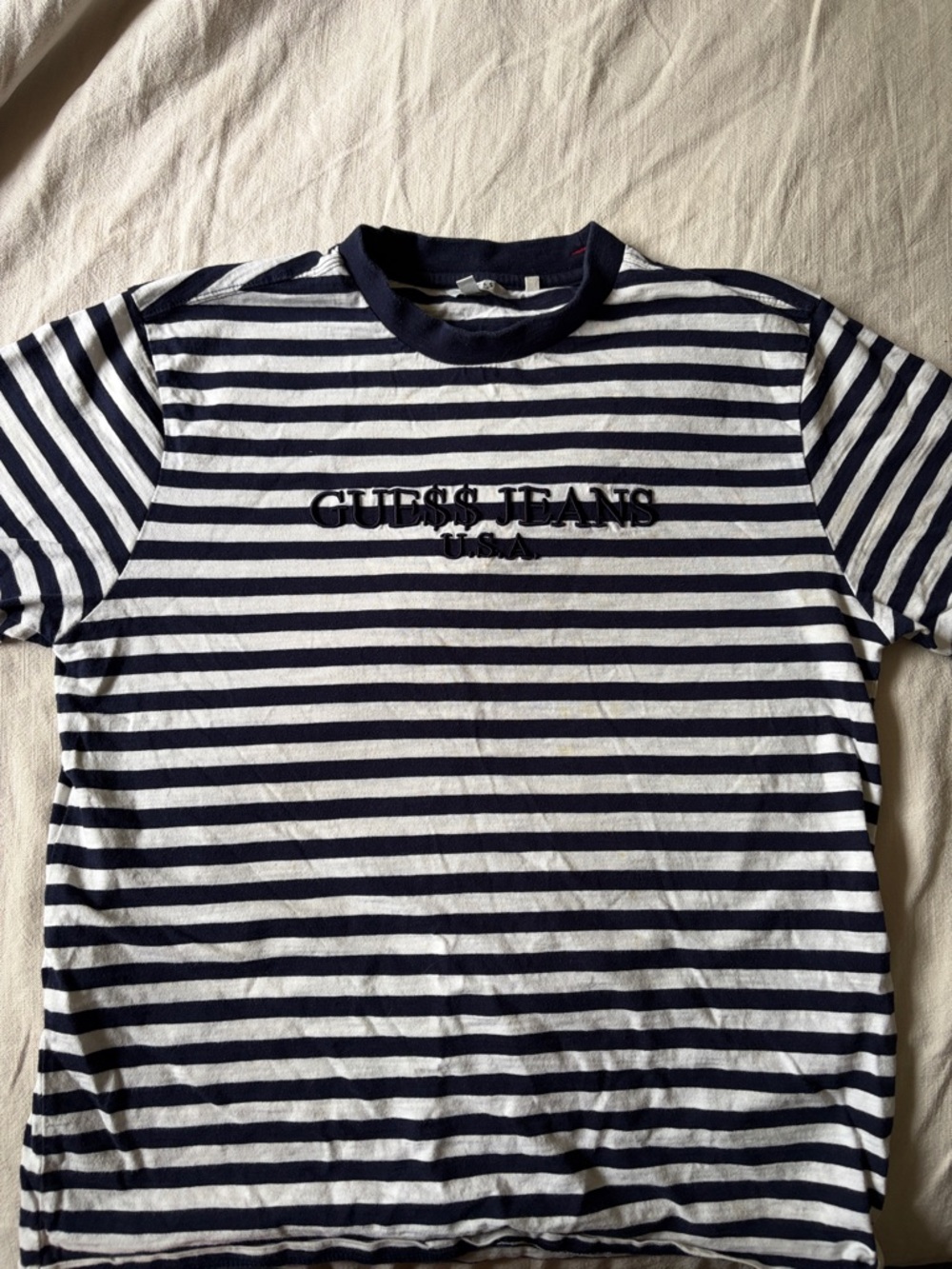 Guess Navy and White Striped Crewneck Tee with Embroidered Logo